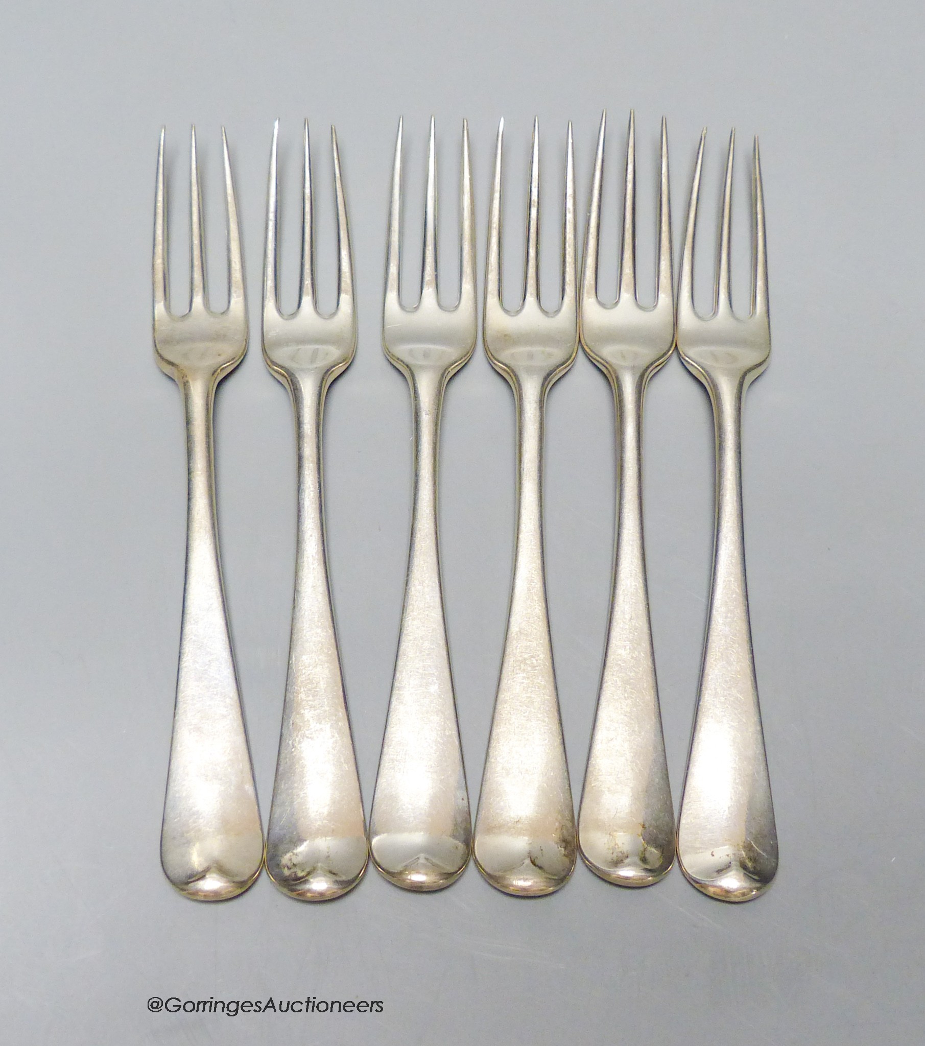 A set of 6 George III silver Hanovarian pattern three pronged forks, Robert Cruickshank London, 1787, 18.7cm, 12.5oz.